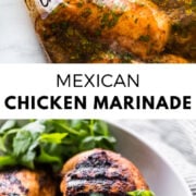 This Mexican Chicken Marinade is made with a blend of olive oil, lime juice, garlic, chili powder and handful of flavorful herbs and spices that result in juicy and tender marinated chicken every time! Perfect for grilling, baking, broiling and sauteeing on the stovetop. Use with chicken breasts, chicken thighs, drumsticks and any cut of chicken you have. #marinatedchicken #mexicanchicken #chicken #grilledchicken
