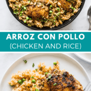 Easy Arroz con Pollo made with chicken thighs, long-grain white rice, Mexican seasonings and green peas! This classic Latin American chicken and rice dish is a family favorite that you'll make over and over for years to come.