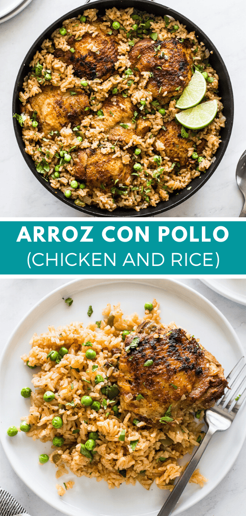 ¡Arroz con Pollo fácil hecho con muslos de pollo, arroz blanco de grano largo, condimentos mexicanos y guisantes verdes! Este clásico plato latinoamericano de pollo y arroz es un favorito de la familia que preparará una y otra vez en los próximos años.