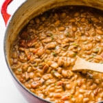A pot of borracho beans (frijoles borrachos) ready to be served