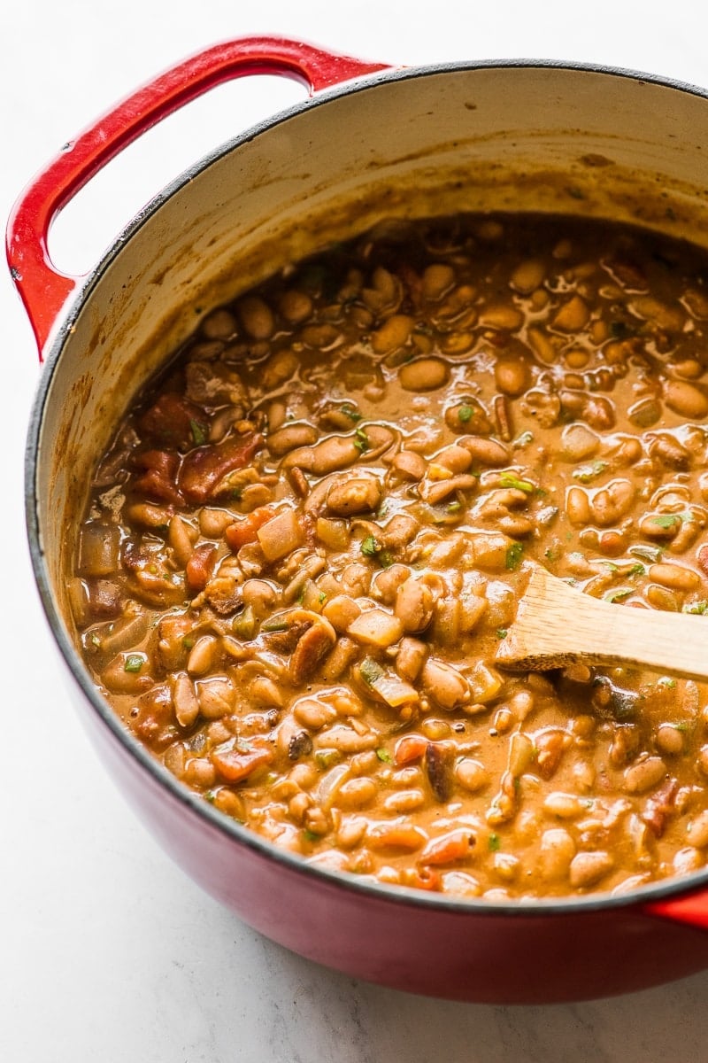 A pot of borracho beans (frijoles borrachos) ready to be served