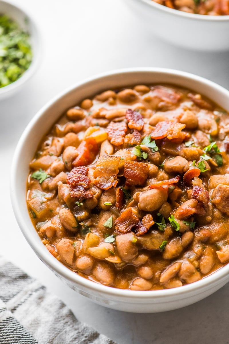 Bacon sprinkled on top of borracho beans