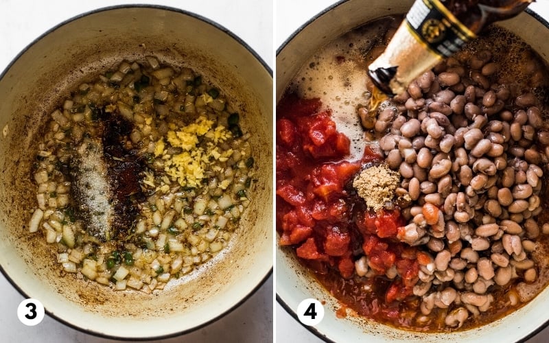 Spices, pinto beans, tomatoes and beer in a pot for borracho beans