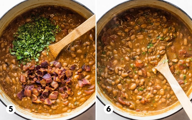 A pot of borracho beans with bacon and cilantro