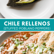 An authentic chile relleno recipe made from roasted poblano peppers stuffed with cheese, dipped in a fluffy egg batter and fried until golden brown! This traditional Mexican dish is fun to make and better than any restaurant version I've ever tried!