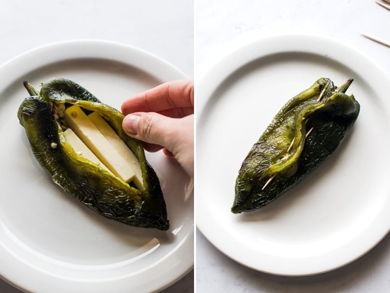 A roasted poblano pepper stuffed with cheese.