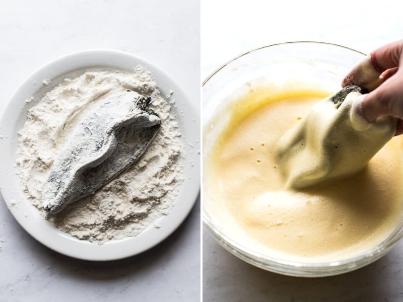 Poblano pepper coated in flour and then dipped into an egg batter to make chile rellenos.