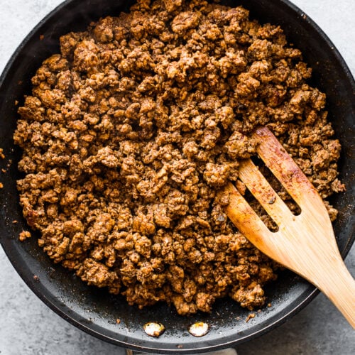 Cooked Mexican chorizo recipe in a nonstick skillet.