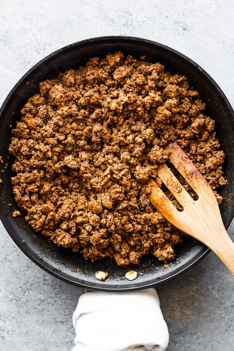 Cooked Mexican chorizo recipe in a nonstick skillet.