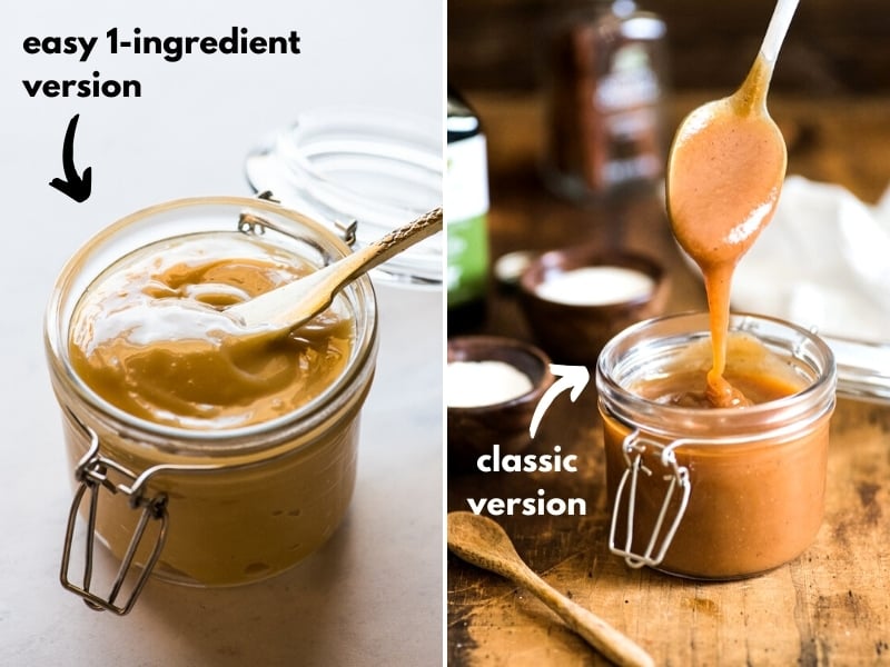 Dulce de leche made from sweetened condensed milk on the left, and then one made from milk and sugar on the right