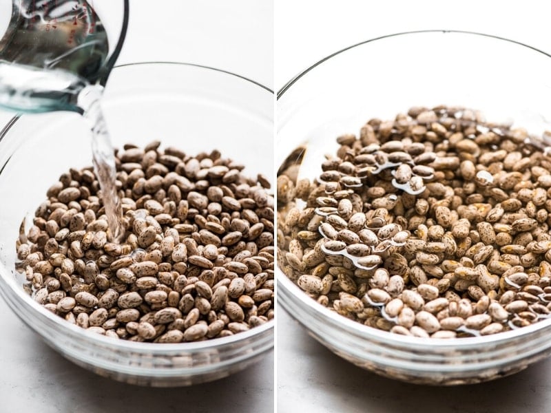 Soaking dried pinto beans in a bowl with water