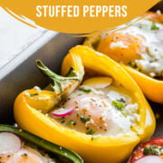 Delicious and easy breakfast stuffed peppers with a Mexican twist! Filled with a mixture of chorizo, mushrooms, onions, and cheese, these stuffed peppers are great for meal prep and feeding a crowd!