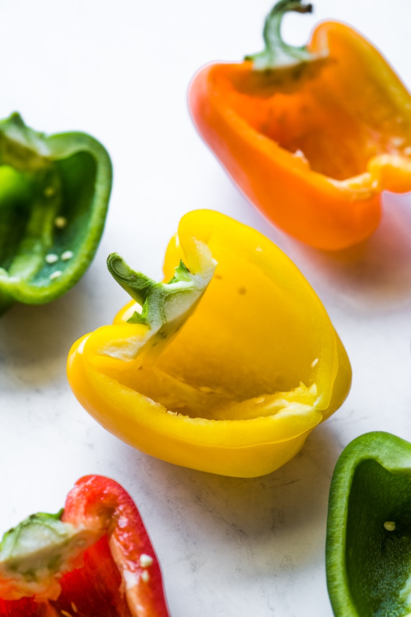 Bell peppers hollowed out for breakfast stuffed peppers