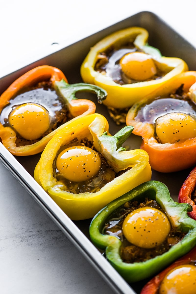 Eggs in bell peppers for breakfast stuffed peppers.