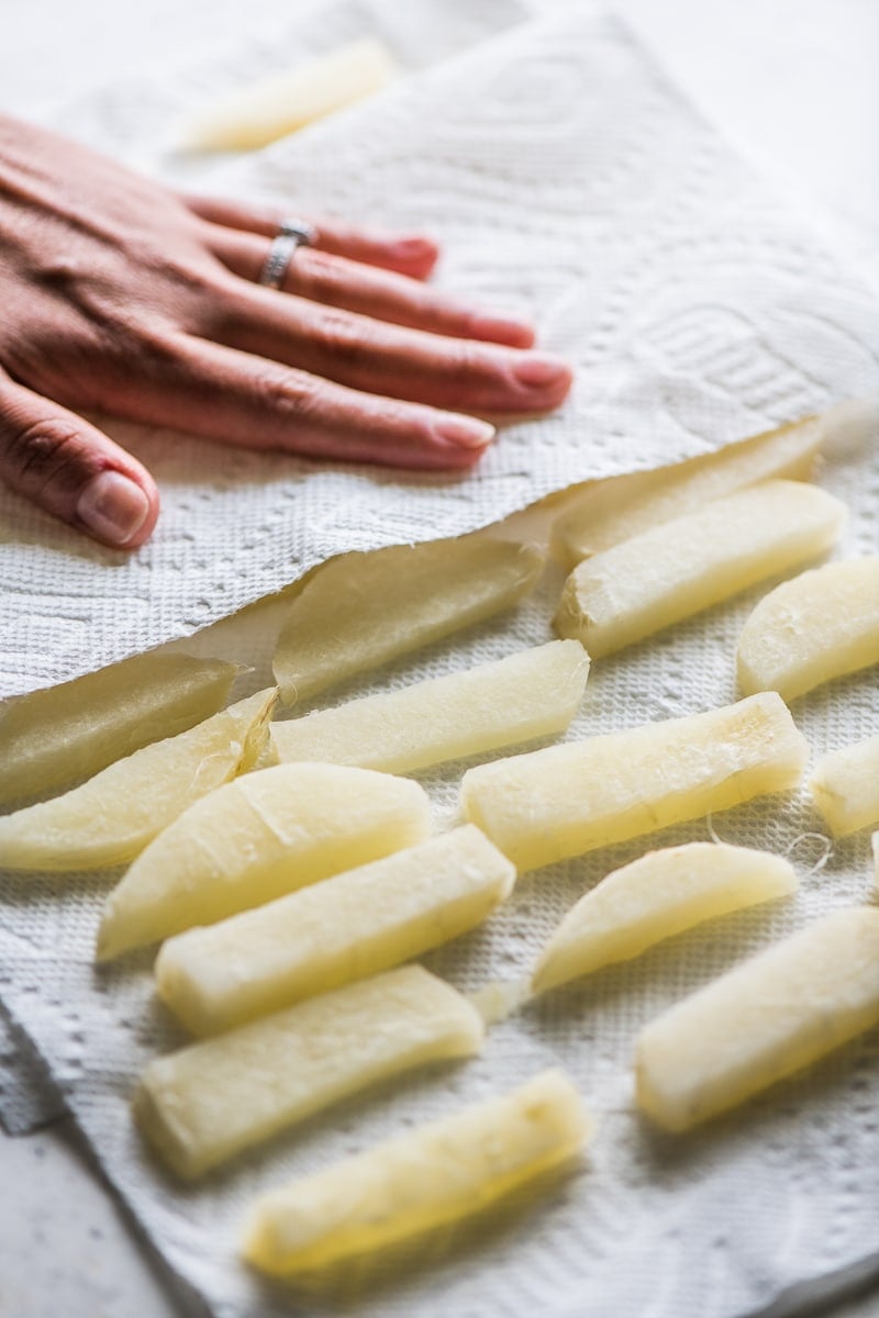 Jicama fries on a bed of paper towels.