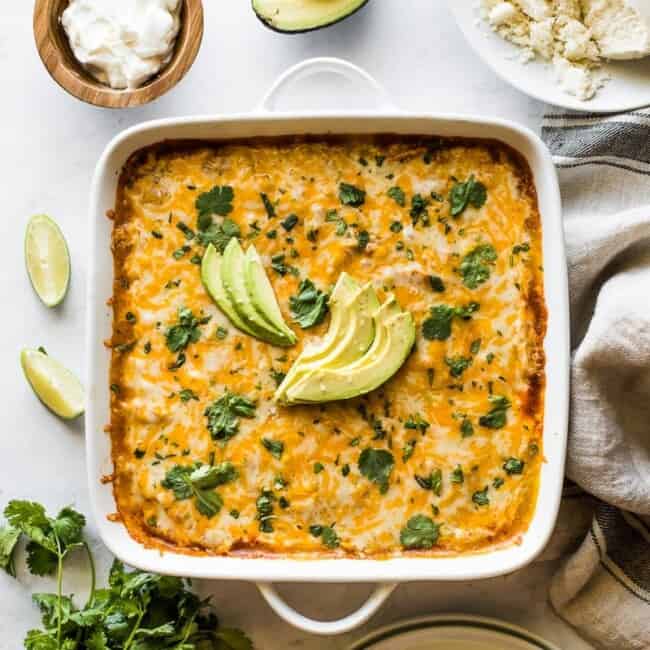 Chicken tamale casserole in a baking dish.