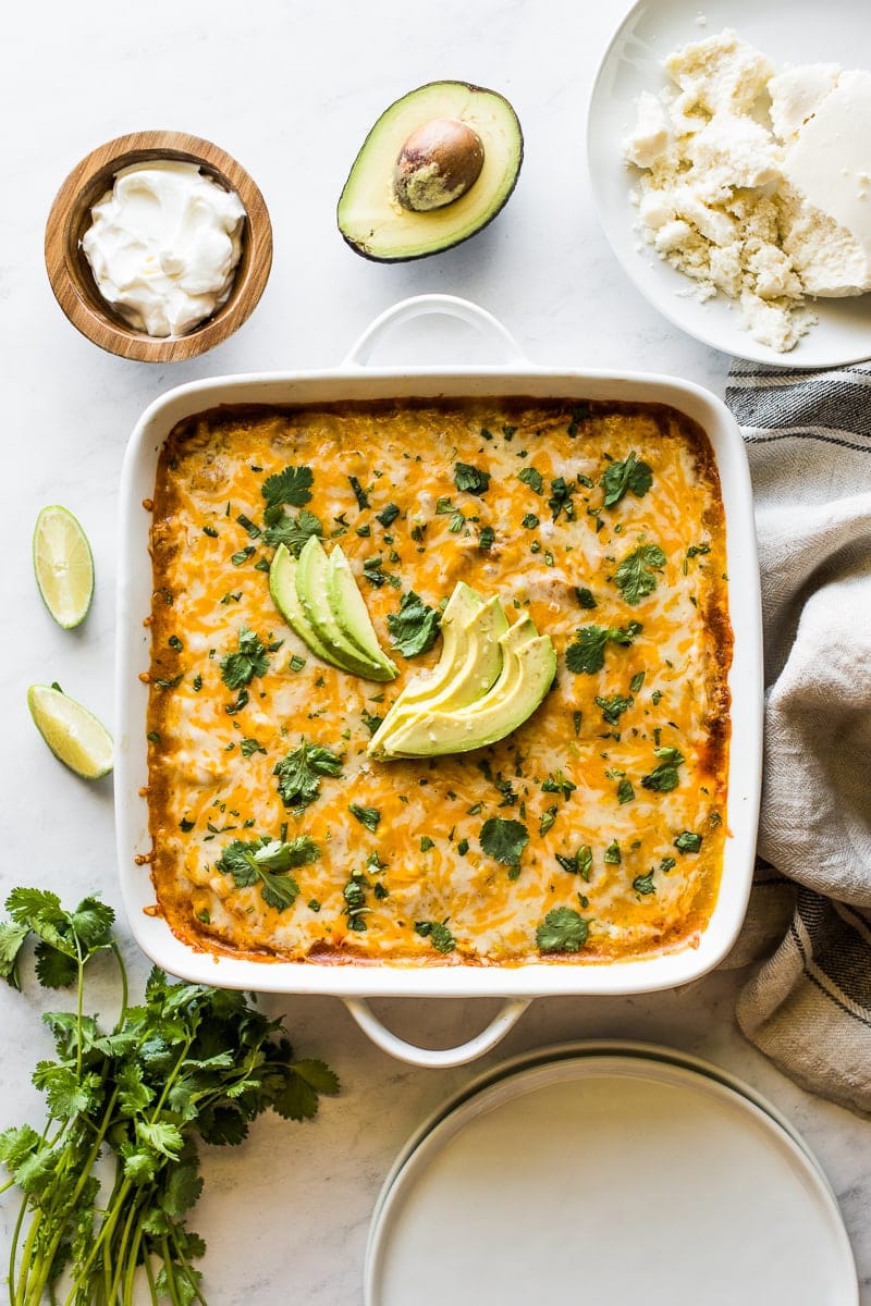 Chicken tamale casserole in a baking dish.