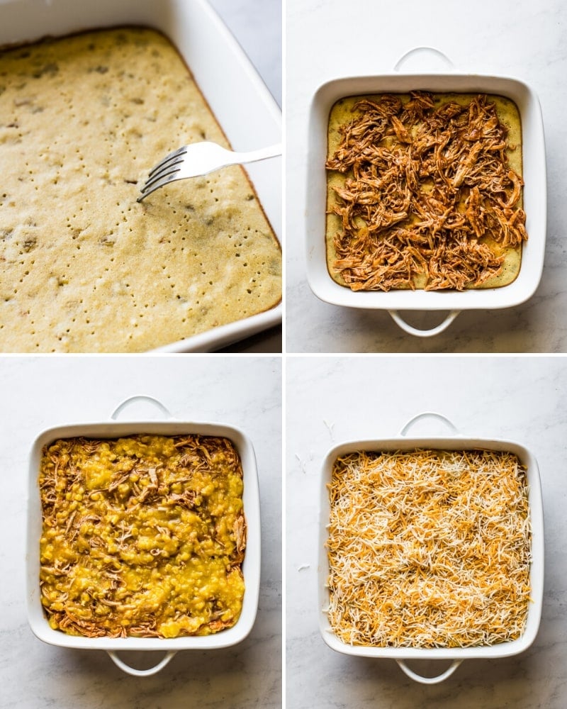 4 step by step photos of making chicken tamale casserole