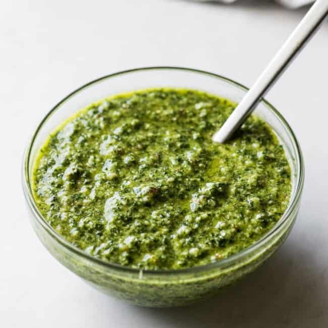 Cilantro pesto in a bowl ready to be served