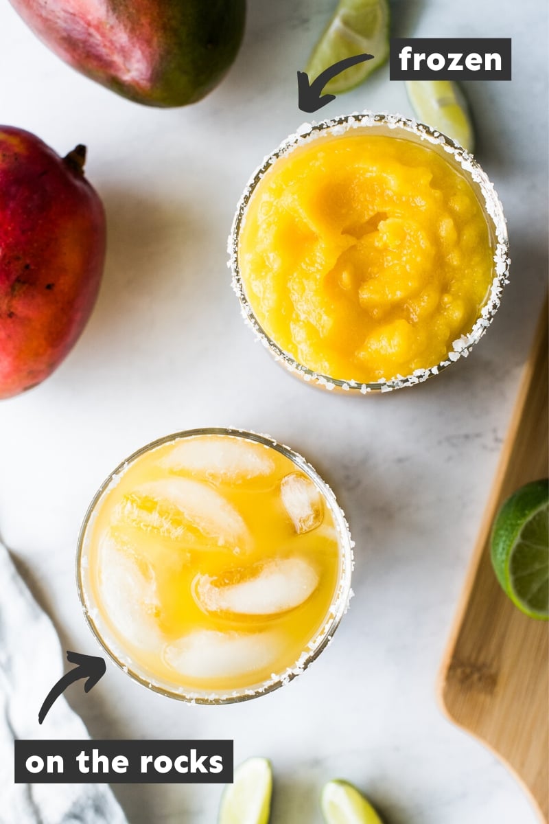 A frozen mango margarita and a mango margarita on the rocks.