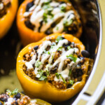 Crockpot stuffed peppers in a slow cooker.