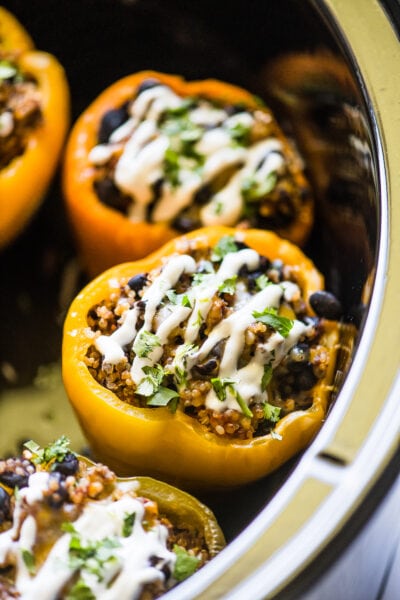 Crockpot stuffed peppers in a slow cooker.