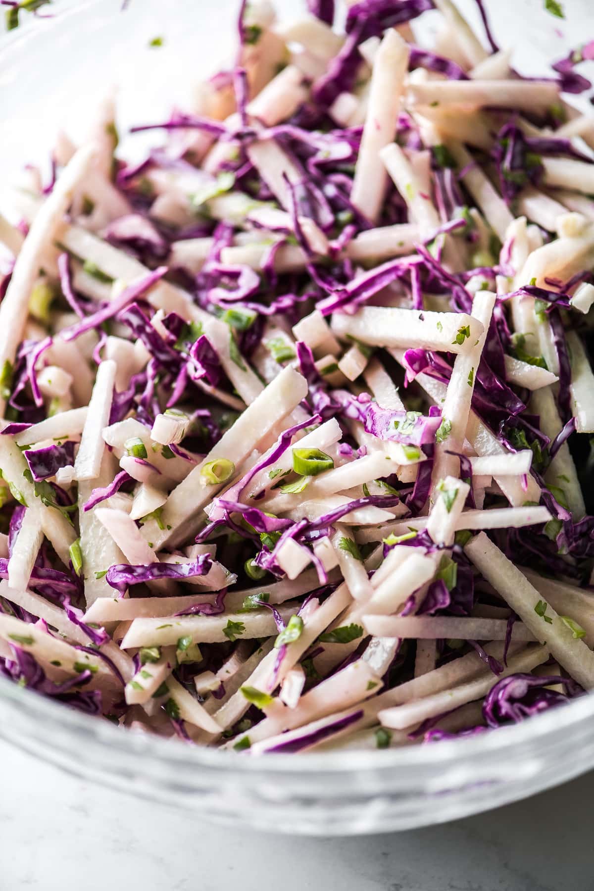 Jicama slaw with cabbage, cilantro and lime juice.