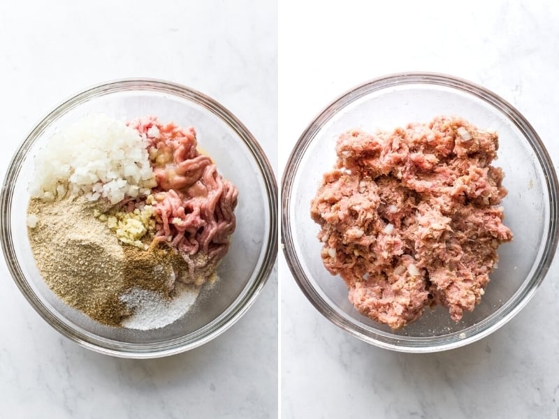 Mexican meatballs ingredients in a bowl and mixed together.