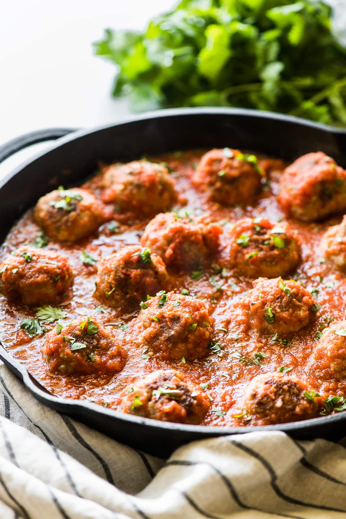 Mexican meatballs topped with sauce and cilantro.