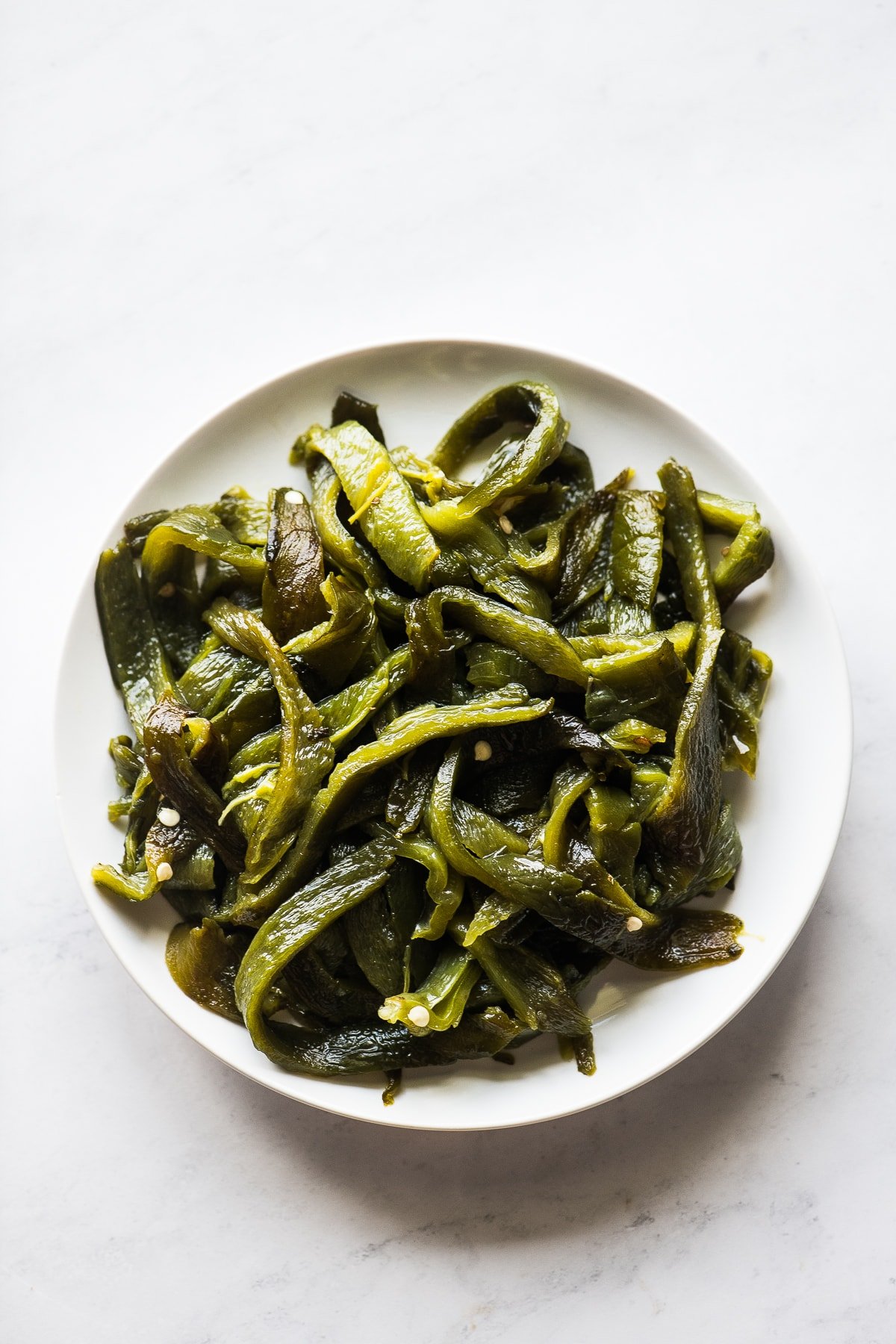 Sliced poblano pepper strips.