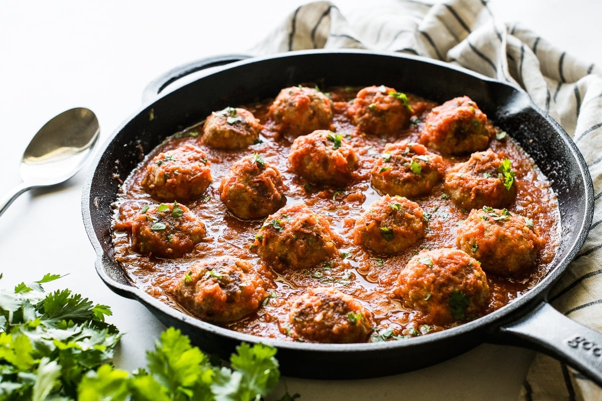 Mexican pork meatballs in a skillet ready to be eaten.