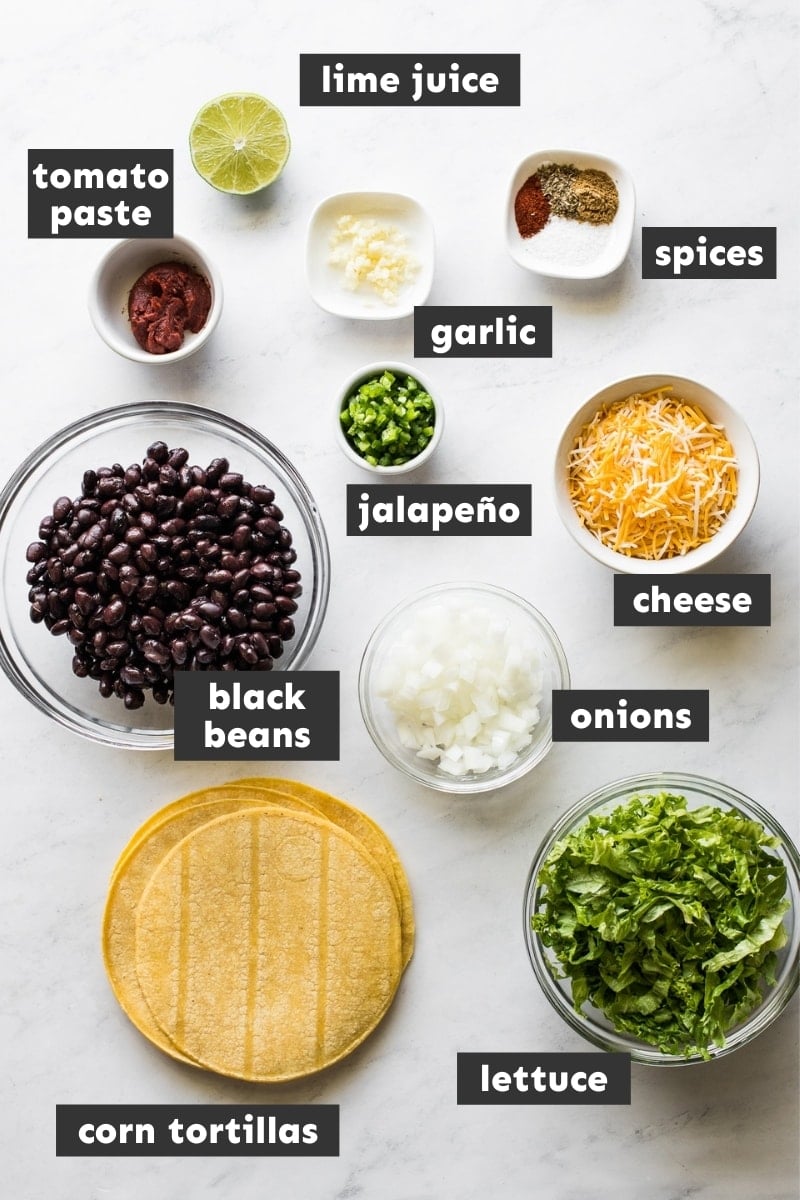 Ingredients for black bean tacos on a table