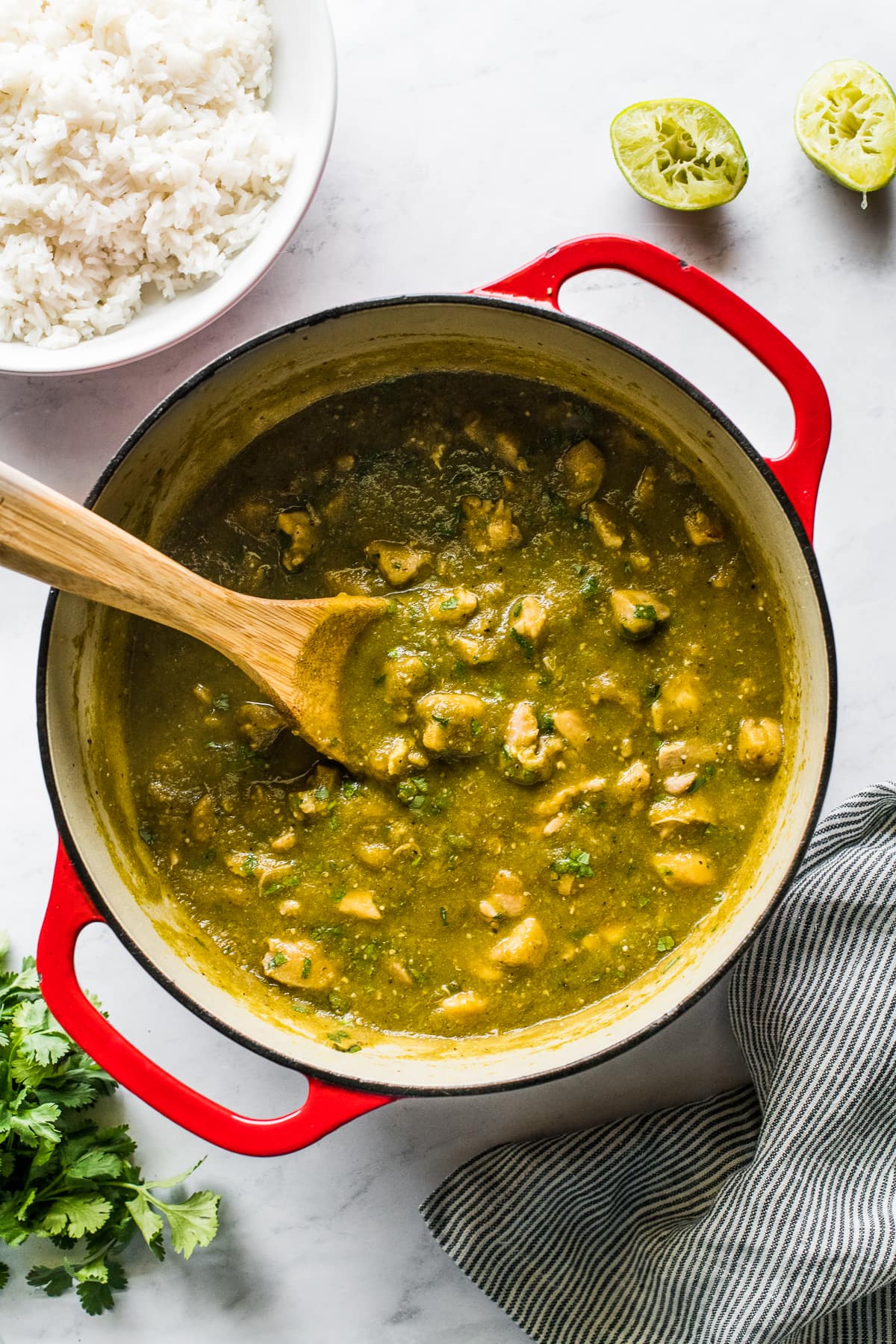 Chicken chile verde in a pot topped with cilantro.