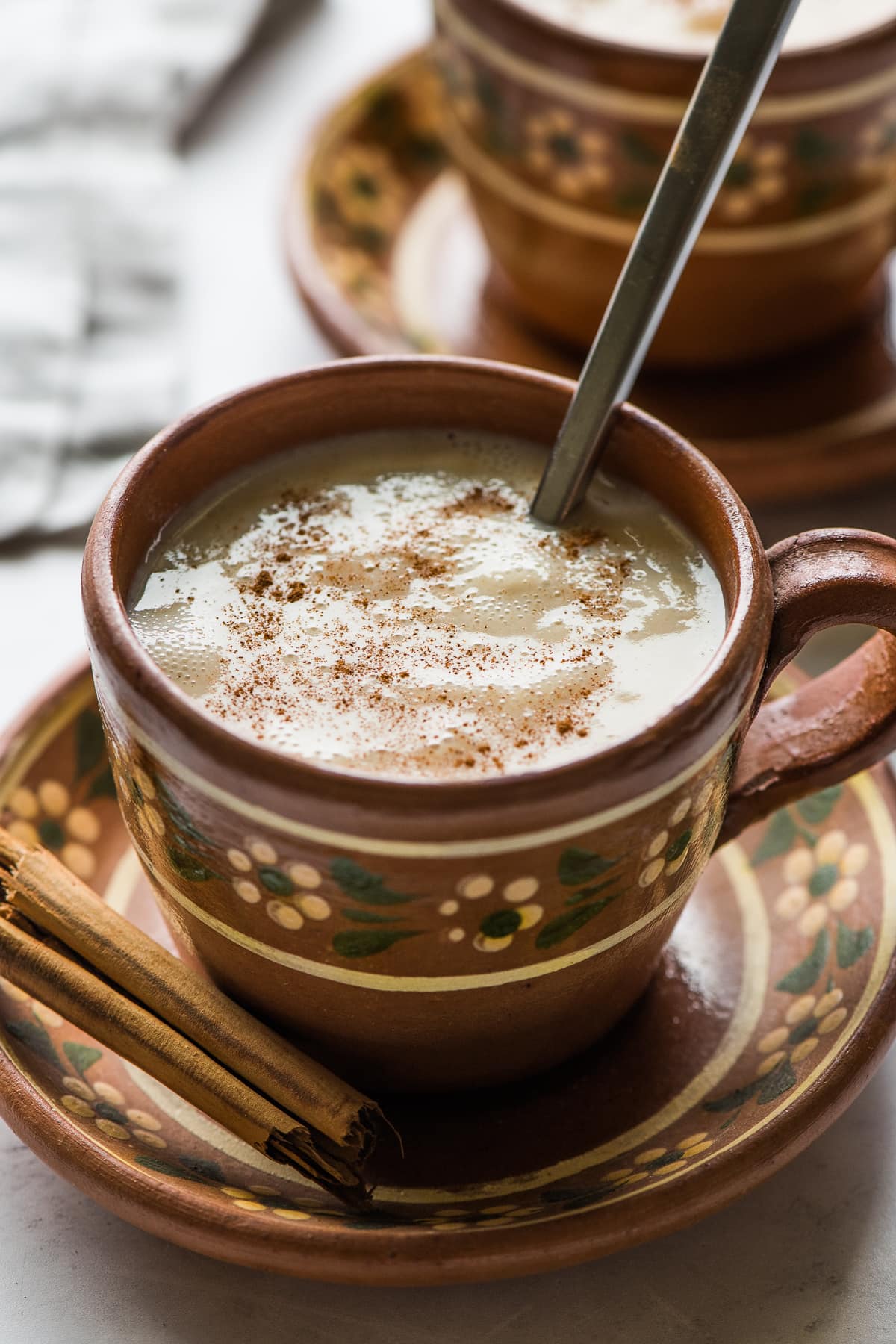 Atole in a mug ready to drink.