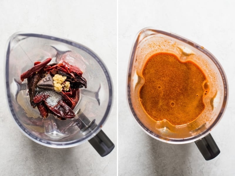 The red chile sauce in a blender for posole.