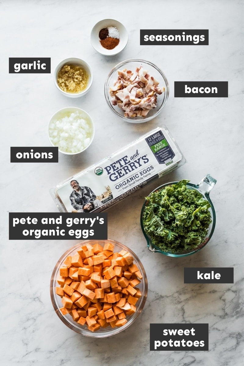 Ingredients for sheet pan eggs and breakfast hash on a table