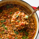 Stuffed pepper soup in a dutch oven.