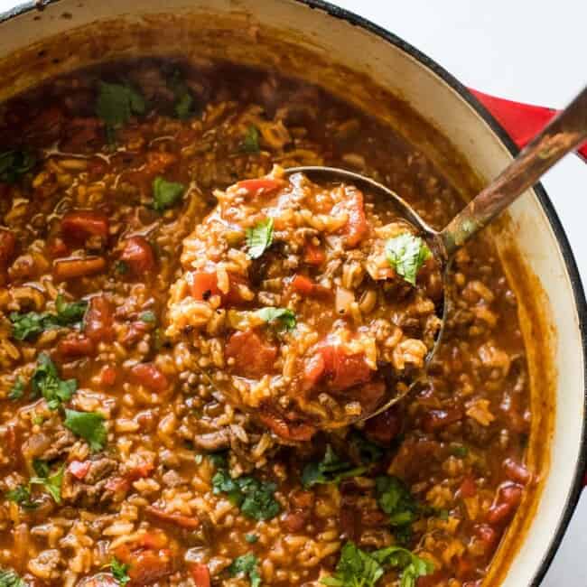 Stuffed pepper soup in a dutch oven.