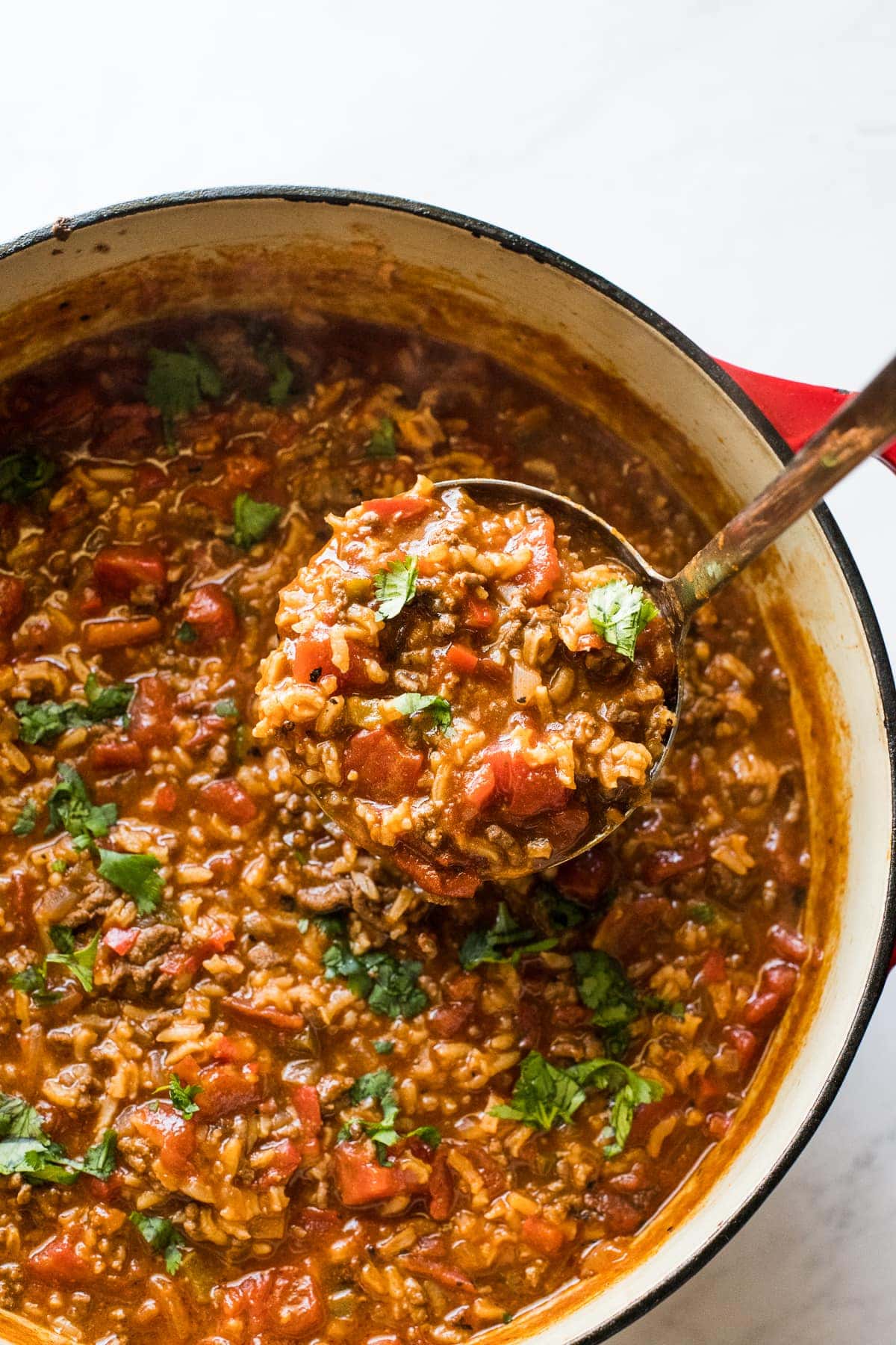 Stuffed pepper soup in a dutch oven.