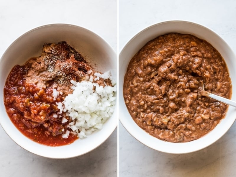 Refried beans in a bowl with salsa, onions, and seasonings.