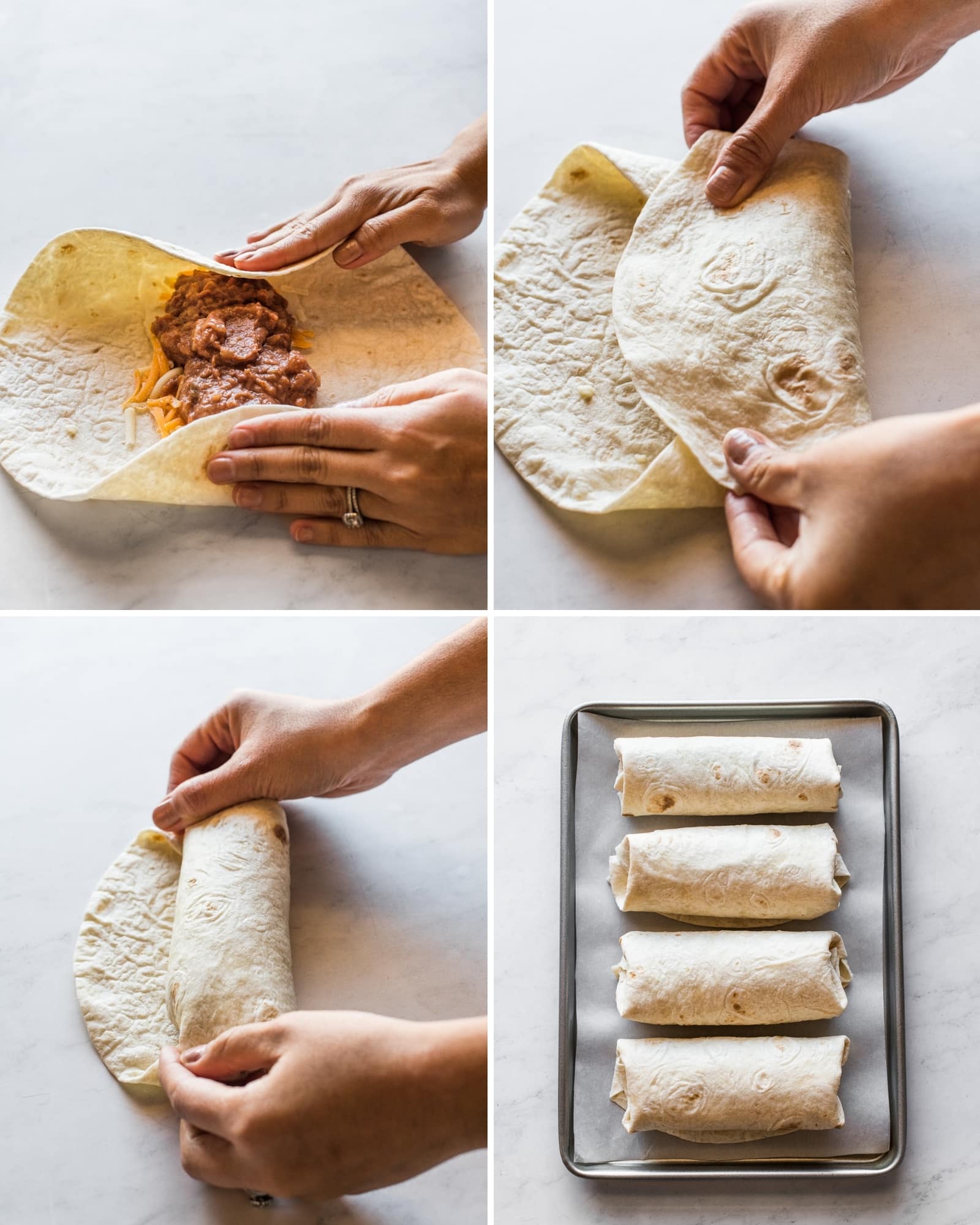 Step by step photos of how to roll a burrito.