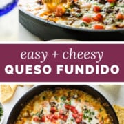 Cheesy and gooey Queso Fundido combines melted cheese, chorizo, and peppers in a hot skillet. This restaurant-worthy appetizer is easy to make and done in under 30 minutes! Don’t forget the tortilla chips for dipping!