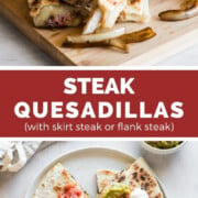 Mouthwatering steak quesadillas made with seasoned flank steak or skirt steak, sauteed onions, and lots of cheese! Serve with a side of salsa, guacamole, and sour cream for the best lunch or dinner ever!