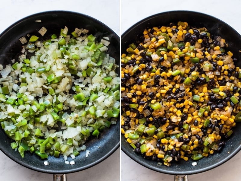 A skillet with black beans, corn, peppers, and onions.