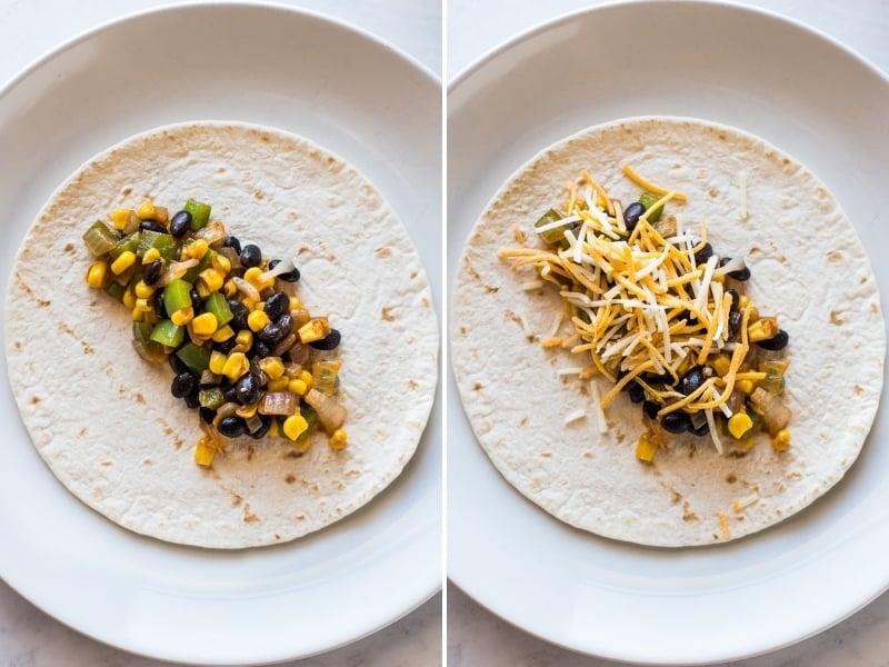 Flour tortilla filled with black beans for enchiladas.