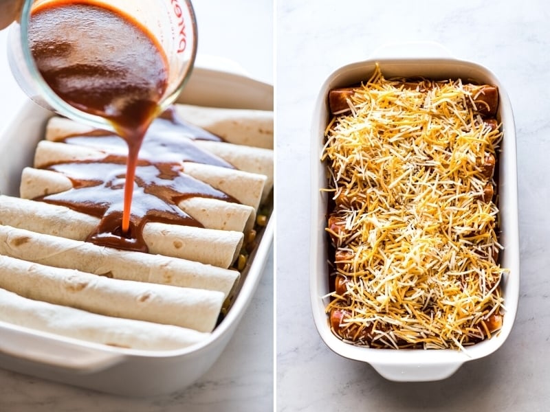 Black bean enchiladas topped with red enchilada sauce and shredded cheese.