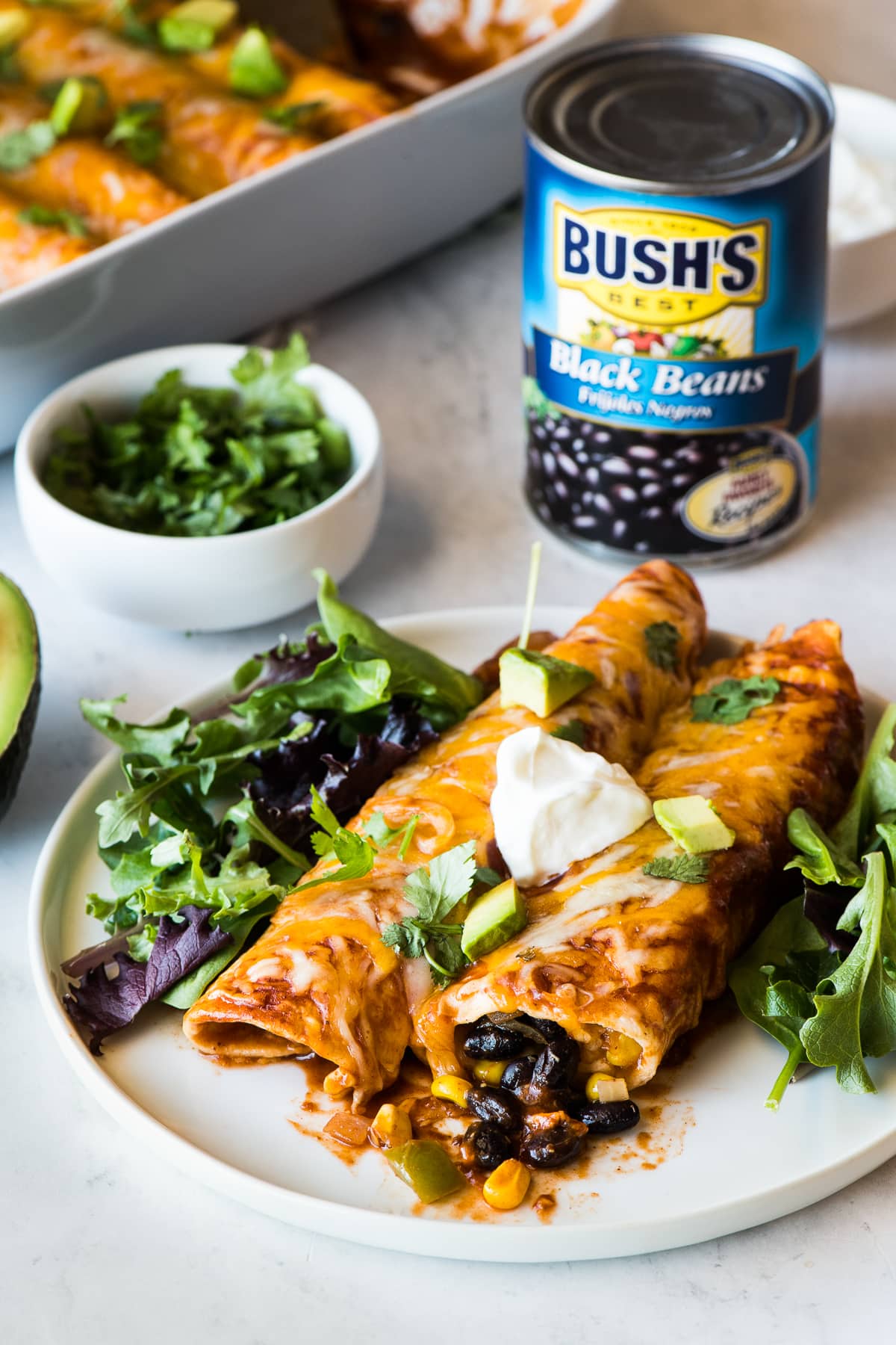 Black bean enchiladas on a plate on a bed of lettuce.