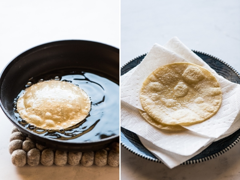 Corn tortillas frying for entomatadas