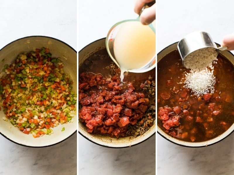 Step by step photos of how to make stuffed pepper soup.