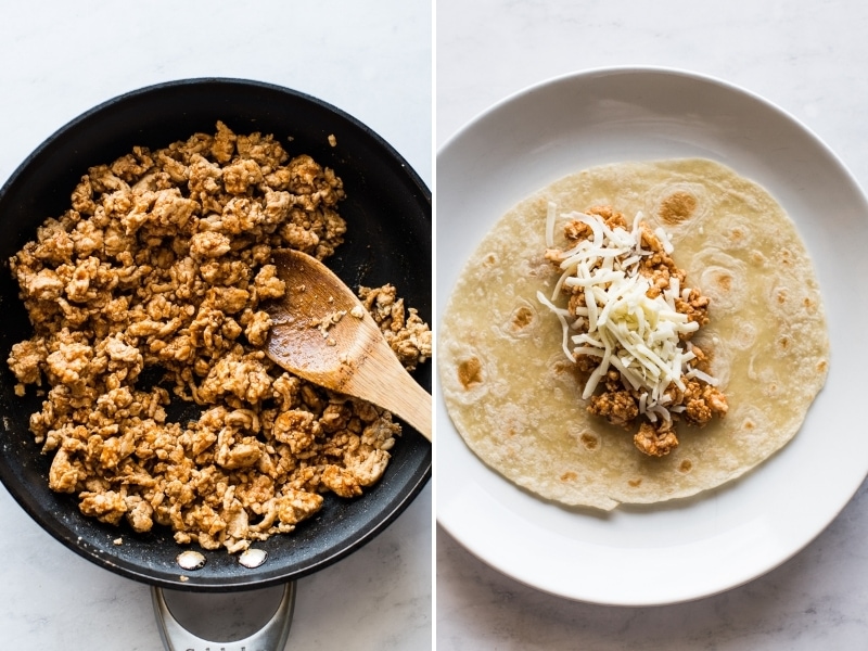 Ground meat cooking in a skillet for turkey enchiladas.